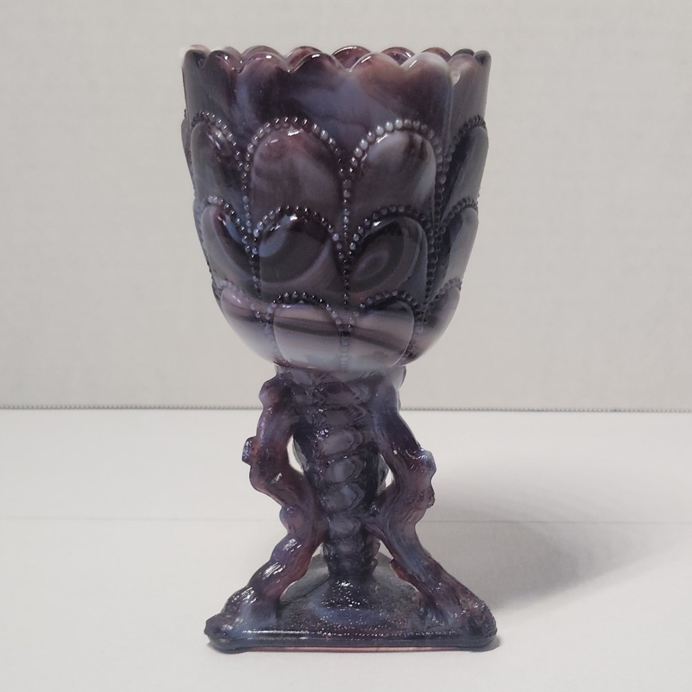 ​Antique Purple Slag Glass Compote Goblet | Dragon Stem Malachite Marbled Scale